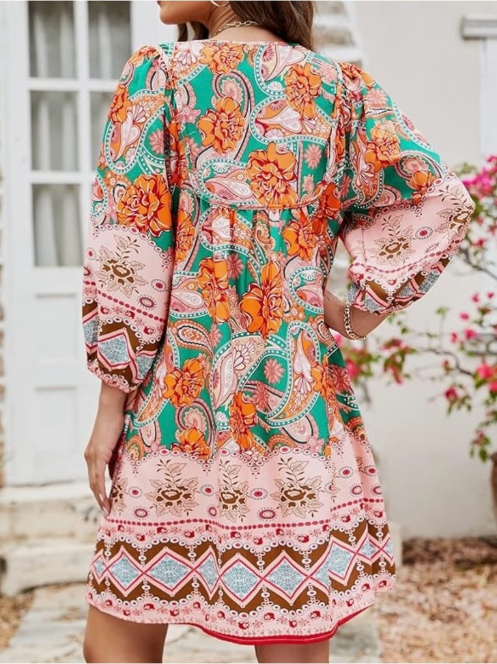 Amazon Bluetime Pink Paisley Orange Boho 3/4 Sleeve Babydoll Dress Size 2X - Picture 3 of 12